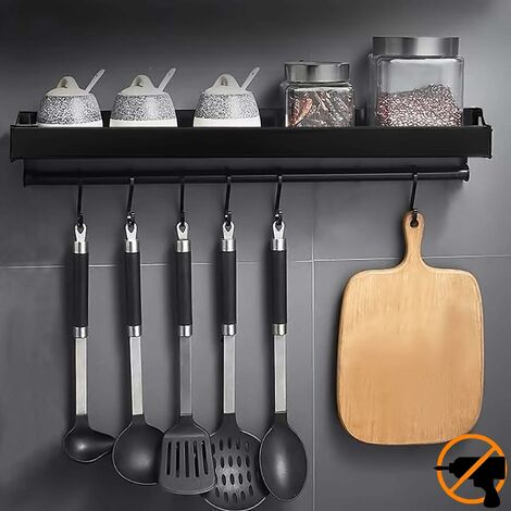 Gewürzregal, wandmontiertes Küchenutensilien-Aufbewahrungsregal mit 6 abnehmbaren Haken, Küchenregal, wandmontierter Pfannenhalter ohne Bohren, Aluminium, rostfrei, schwarz, 40 cm