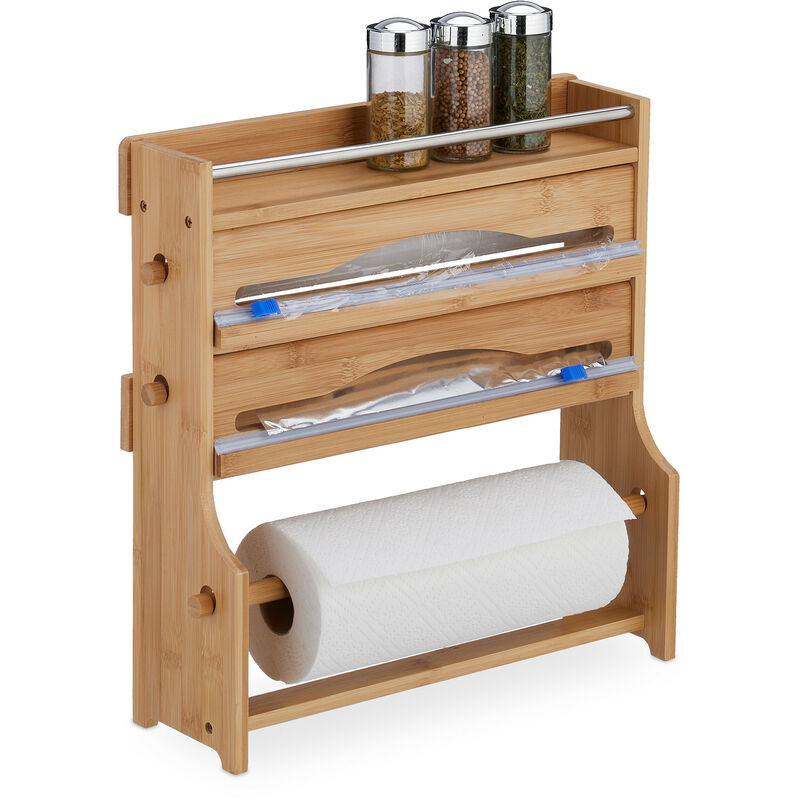 Relaxdays - Wandrollenhalter, Für Alufolie, Frischhaltefolie, Küchenrolle, Gewürzregal, Bambus, Hbt, 40x40x11, 5 Cm, Natur