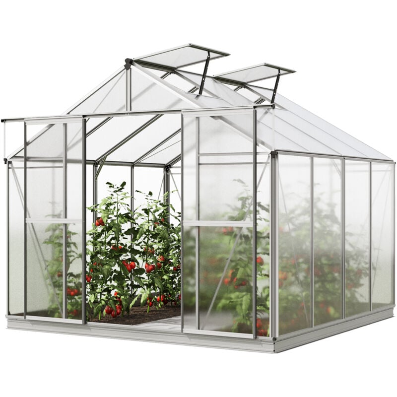 Gfp Serre de jardin Orchidee 4 structure en aluminium 256 x 256 cm panneaux en polycarbonate - avec cadre de fondation et ouvre-fenêtre automatique
