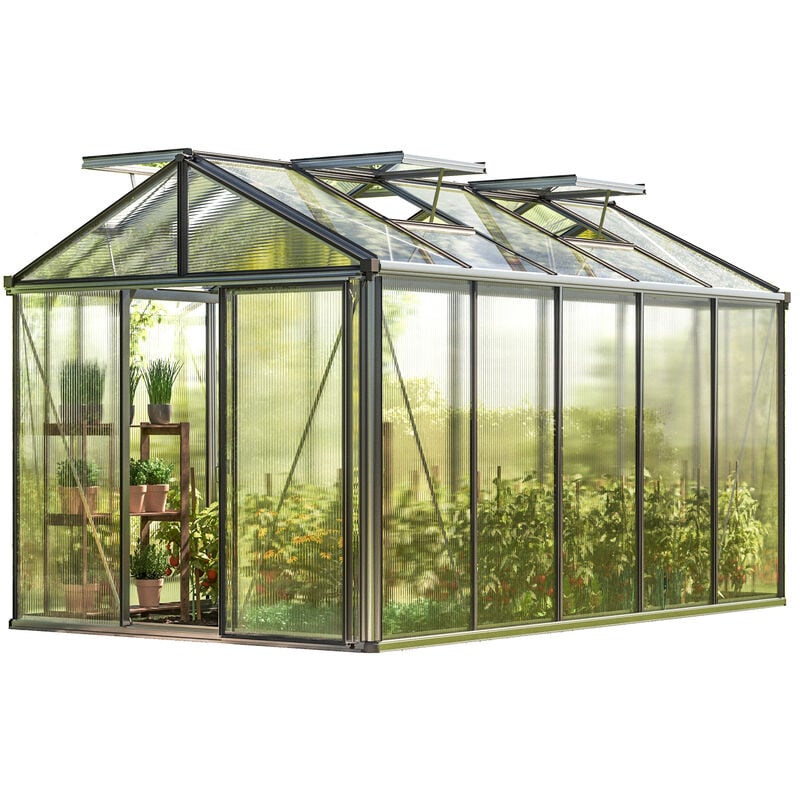 GFP - Serre Diamas 23 Premium 235x385 cm avec cadre de fondation intégré Panneaux double paroi 16 mm, couleur aluminium nature