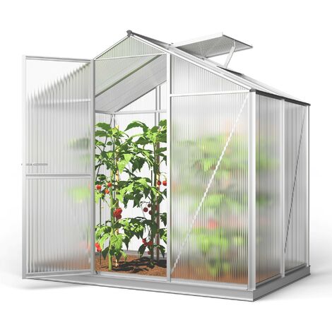 GFP Serre ECO-Star 2 cadre aluminium 192x131 cm Plaques double paroi 6 mm avec cadre de fondation et ouvre-fenêtre automatique, Made in Austria - Aluminium naturel