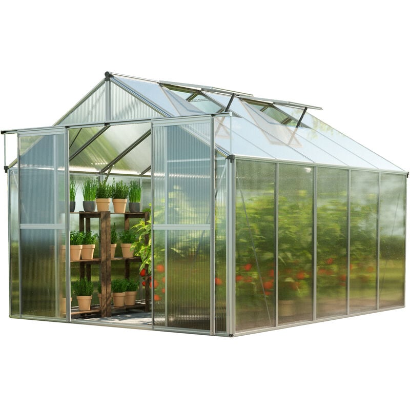 Gfp Serre Topas 5 cadre aluminium 225x322 cm Plaques double paroi 6 mm avec cadre de fondation et ouvre-fenêtre automatique