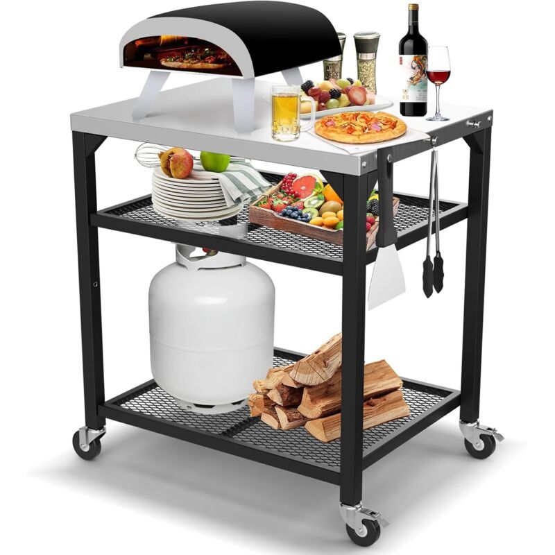 GFTIME Chariot de barbecue avec 3 étagères pour four à pizza, table de grill pour l'extérieur, Chariot à plancha de travail