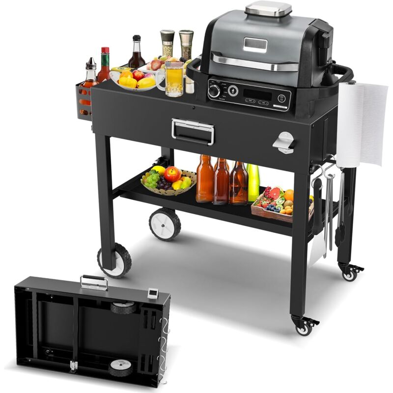Gftime - Chariot de table de barbecue carrée avec roues pour Weber Q100 Q200 Q300 Serie, Enders Urban, Nexgrill, Ninja Woodfire, Ooni, Solo Stove,