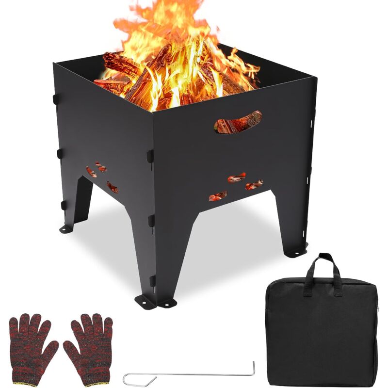 GFTIME Brasero Portable pour Camping, brasero extérieur avec sac et gants inclus, 36,3 x 34,5 x 35 cm, Parfait pour BBQ, Chaleur en Plein air, Les