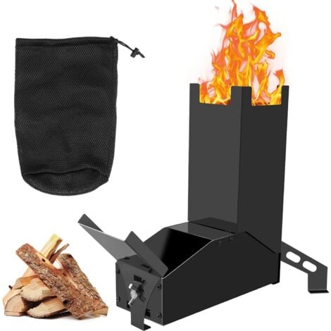 GFTIME Poêle à Fusée portable avec sac de transport, Four-fusée en acier pour brasero, cuisine, barbecue, Fusée four à bois camping compact et efficace grâce à la technologie convection airflow, Noir