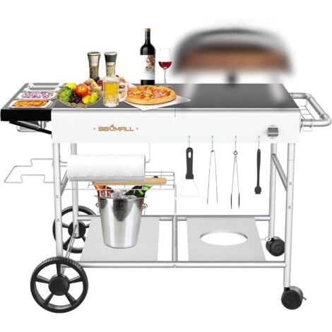 GFTIME Table roulante Chariot de four à pizza 128 x 64cm pour Ooni Koda/Karu/Fyra 16 & 12 avec station pour garniture de pizza, support mobile pour gril d'extérieur pour Ninja Woodfire, Blackstone