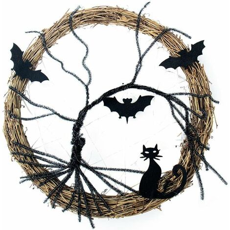 Ghirlanda artificiale della porta d'ingresso, ghirlanda di Halloween con gatto pipistrello nero illuminato, decorazioni di Halloween con ghirlanda horror per forniture per feste domestiche