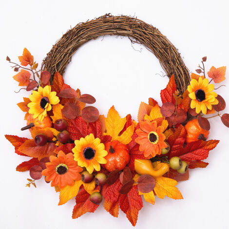 Ghirlanda autunnale per Halloween, girasole finto, zucca, bacche, porta sospesa, festa del raccolto, cerchio di rattan, ghirlanda del Ringraziamento