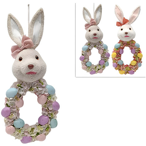 Ghirlanda con faccia Coniglio di pasqua fiori e uova decorazioni pasquali dietro porta arredo casa 58 cm