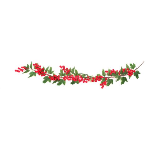Ghirlanda decorativa floccata con bacche rosse e foglie decorative 133 cm