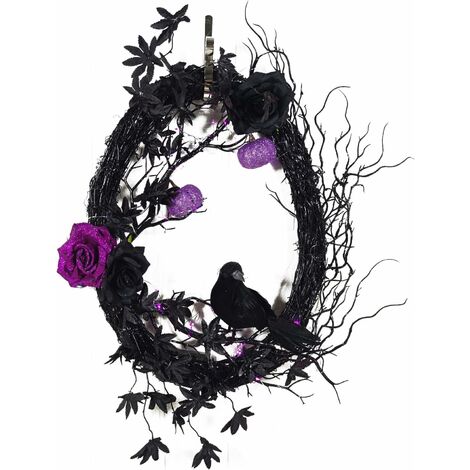 Ghirlanda di Halloween nera da 18" con luci, ramo morto con rosa viola e corvo - Ghirlanda ovale decorativa per Halloween, casa, feste, finestre, accessori per foto