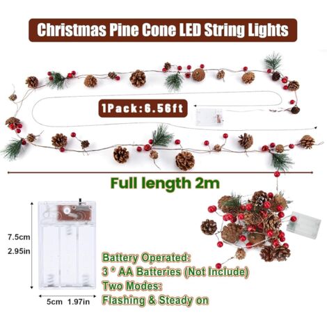 Ghirlanda di luci a forma di pigna, 2 m, 20 LED, ghirlanda natalizia con luci rosse e pigne, a batteria, decorazione natalizia con bacche rosse per uso interno o esterno