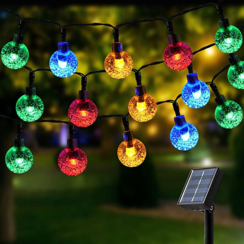 Image of Ghirlanda di luci solari, 100 LED 12M sfere di cristallo colorate, luci solari impermeabili a 8 modalità, per decorazioni esterne, giardini,