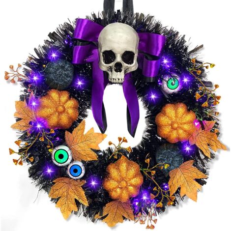 Ghirlanda di Natale di Halloween a forma di cerchio con scheletri di zucca con foglie di acero nere e luci a corda - B