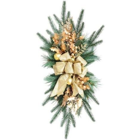 Ghirlanda natalizia artificiale a forma di lacrima, 55 cm, grande nastro stampato, palline di Natale, rosa, neve, rami ghiacciati, ghirlanda decorativa per scale da interno B