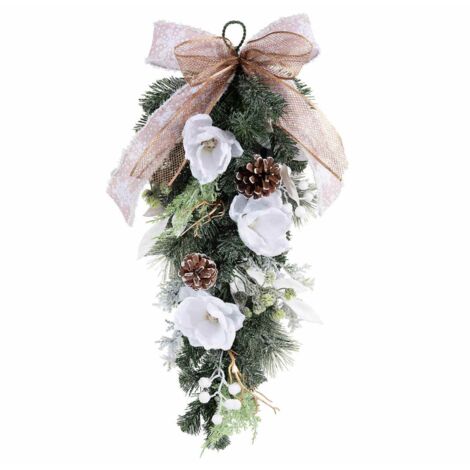 Ghirlanda natalizia con fiori bianchi, pigne e fiocco decorativo 66 cm