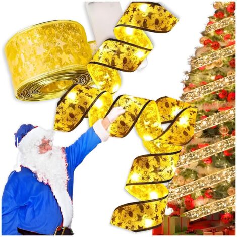 Ghirlanda natalizia con nastro di raso, catena LED, luci ecologiche per albero di Natale in oro
