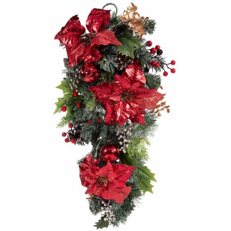 Ghirlanda natalizia con stelle di Natale rosse lucide pigne e bacche 66 cm