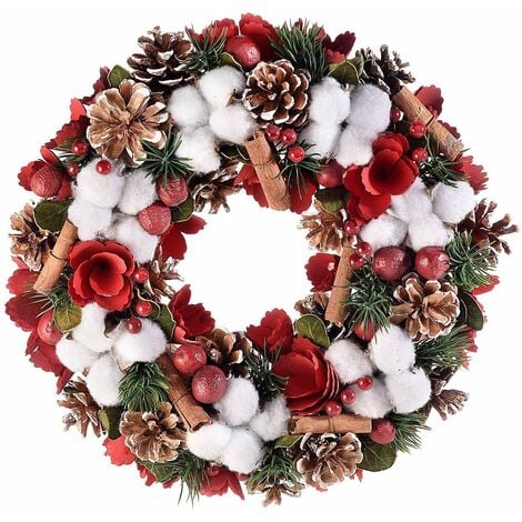 Ghirlanda Natalizia da Porta con Pigne Innevate e Fiori Ghirlanda di Natale Diametro 33 Centimetri