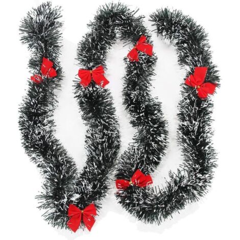 Ghirlanda natalizia decorativa, ghirlanda di tinsel bianco neve verde scuro con fiocchi rossi, decorazione per albero di Natale per feste, 2 pezzi/set, 1,98 m/pezzo
