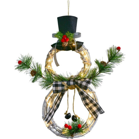 Ghirlanda natalizia luminosa 40 x 20 cm, corona di vite con cappello e fiocco, a forma di pupazzo di neve, per la decorazione della parete della porta d'ingresso (bianca)