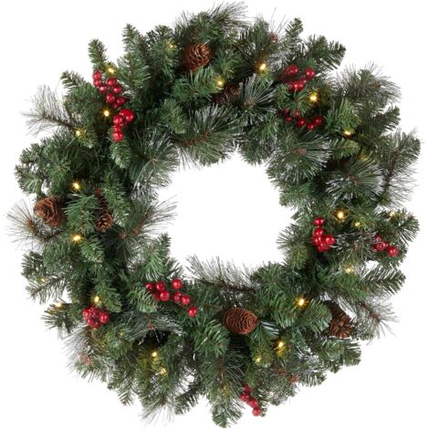 Ghirlanda National Tree da 61 cm in abete con peli argentati, pigne, bacche rosse e 50 luci LED a batteria a luce bianca calda (CW7-306-24W-B1)