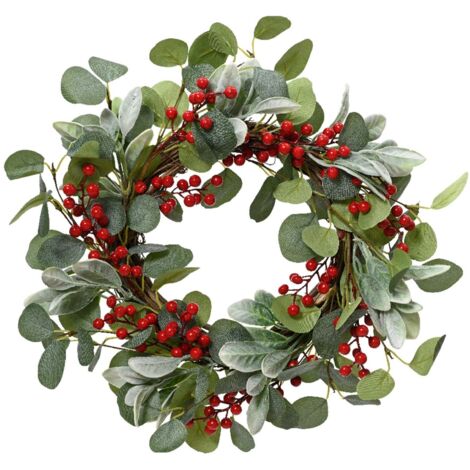 Ghirlanda tonda natalizia con bacche rosse dietro porta 50 cm