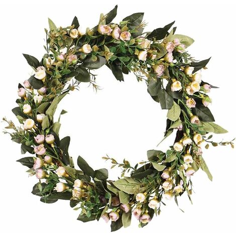 Ghirlande primaverili, ghirlanda porta artificiale da 16" con foglie di eucalipto e piccoli fiori per porta d'ingresso, casa colonica, parete verde, decorazioni per interni ed esterni - colore chiaro