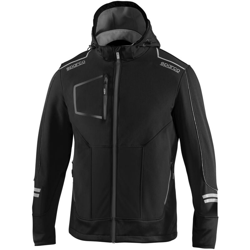 Image of Dc Tech giacca softshell da lavoro nero/grigio scuro Tg. l inserti di rinforzo e strisce riflettenti con cappuccio removibile Nero + Grigio l - Sparco