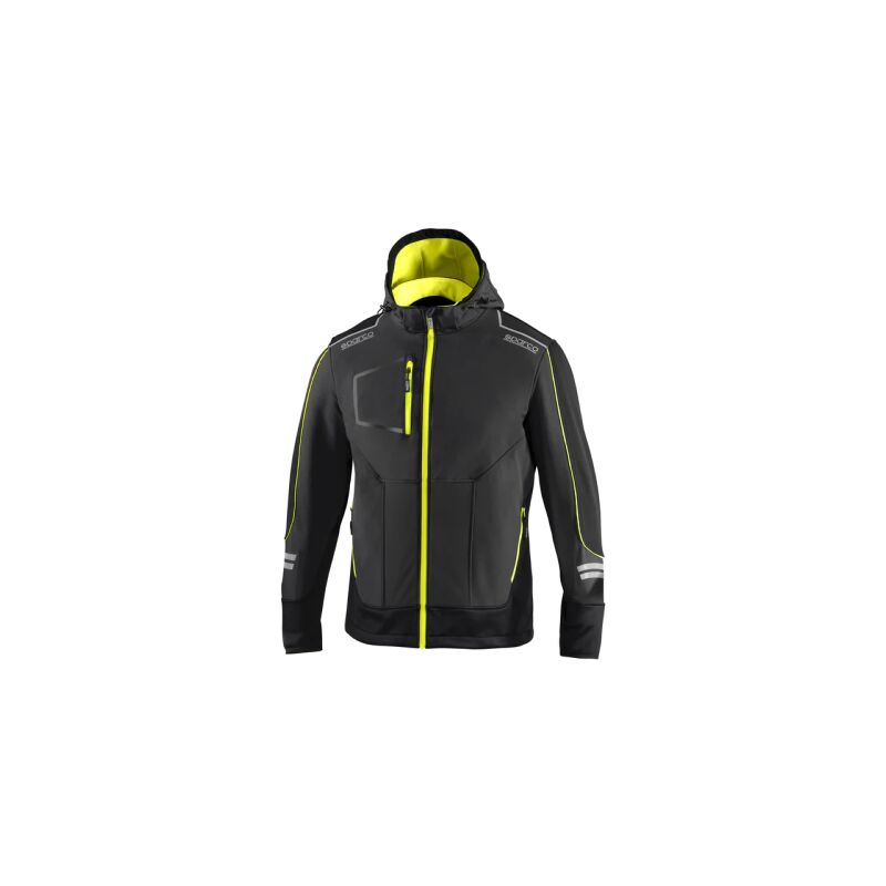 Image of Sparco - dc Tech giacca softshell da lavoro grigio scuro/giallo fluo Tg. xxl inserti di rinforzo e strisce riflettenti con cappuccio removibile