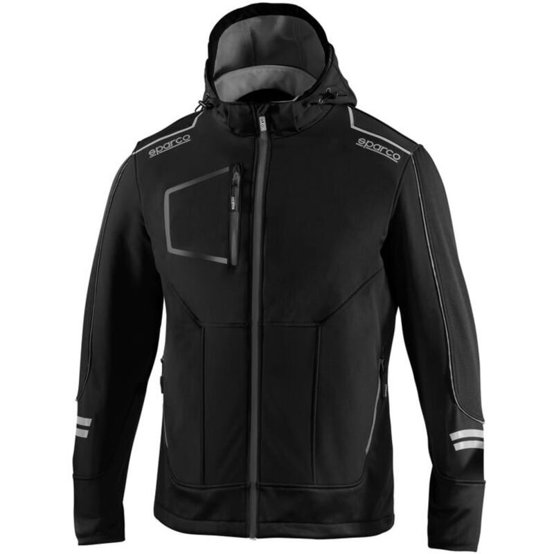 Image of Sparco DC Tech softshell giacca da lavoro Tg. XXL nero grigio scuro inserti di rinfrozo e strisce riflettenti con cappuccio removibile Nero + Grigio
