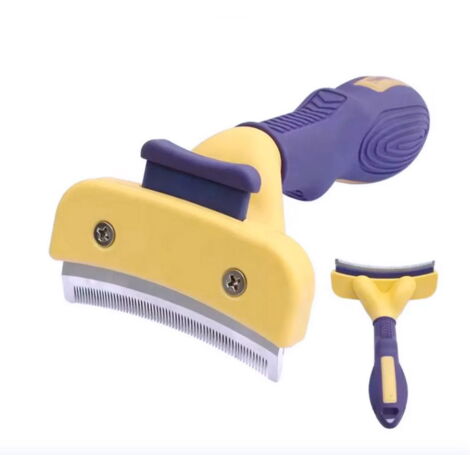 giallo/viola - Spazzola per rimuovere il pelo con bottone per cavalli e per animali domestici a pelo liscio