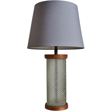 main image of "Clear Glass & Wood Table Lamp With Fabric Large Light Shade"
