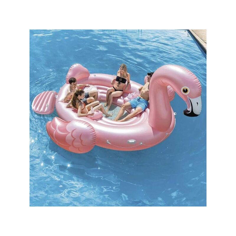 Trade Shop Traesio - Hinchable Gigante Flamenco Fiesta Isla 422 X 373 X 185 Cm Mar Piscina 4 Plazas