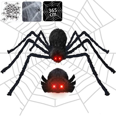 Giant Spider, Halloween Decoration 125cm Realistic Spider with Horror Voice LED Eyes, 365cm & 40g Spider Web + 20 Plastic Spider, Fake Spiders for Indoor Outdoor Garden