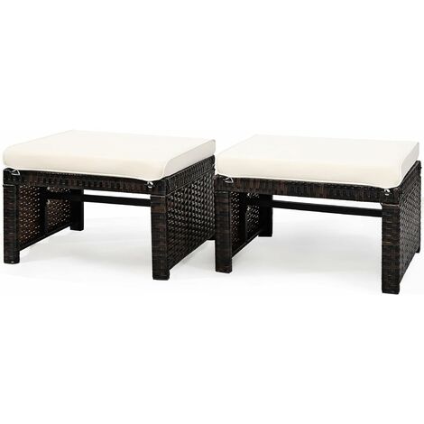 GIANTEX 2 tabourets Repose-pieds en rotin de jardin, coussin impermEable amovible, repose-pieds pour chaise longue et lits d'extErieur, tabourets, repose-pieds/tables multi-usages (beige)