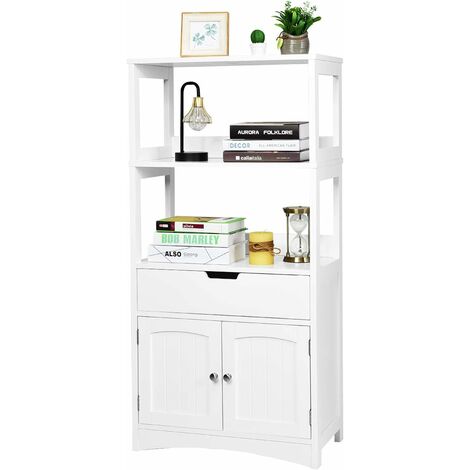 GIANTEX Armoire de salle de bain avec tiroir, armoire haute de salle de bain avec 2 étagères ouvertes, armoire de cuisine multifonction, blanc