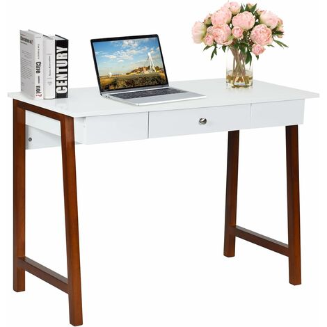 GIANTEX Bureau d'ordinateur avec 1 tiroir en bois, grand plateau, pieds en bois massif, idEal pour studio et bureau, style moderne, poids maximum 54,4 kg, 106,5 x 50 x 75,5 cm (marron)