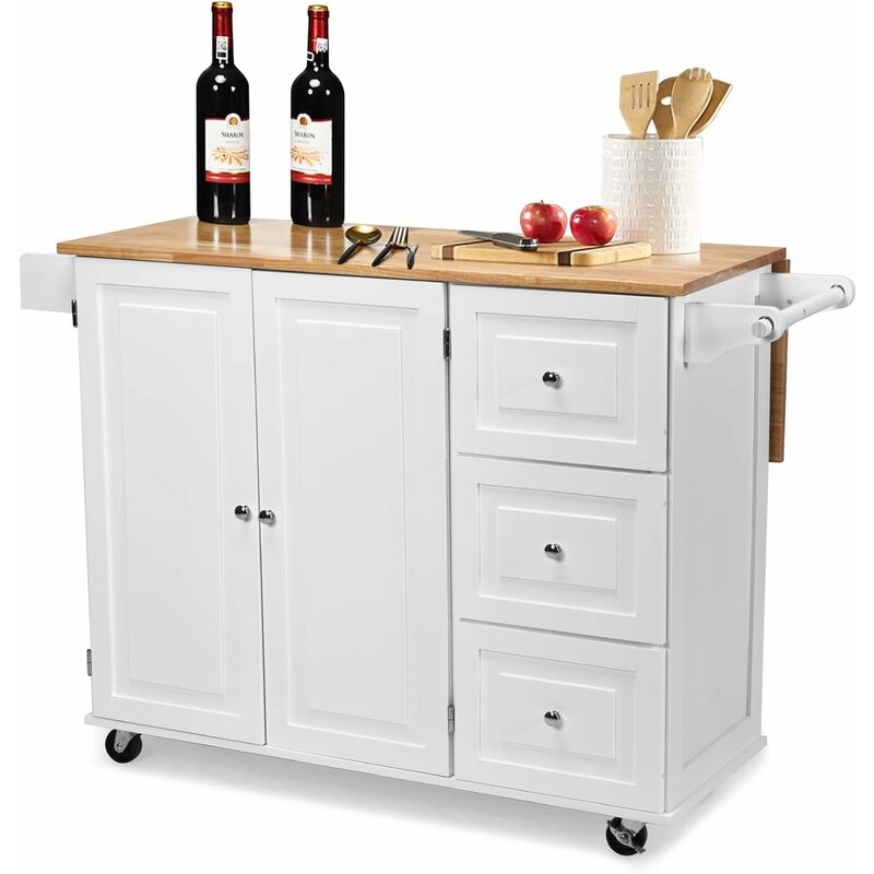 Chariot de cuisine pliable, chariot de service, buffet de cuisine, en bois, roues avec 2 freins, plateau pliable et 2 étagères réglables, 136 x 76 x