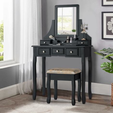 Giantex Coiffeuse avec tabouret, table de maquillage avec 5 tiroirs, miroir pivotant à 360°, bote de rangement mobile, coiffeuse en bois (noir)