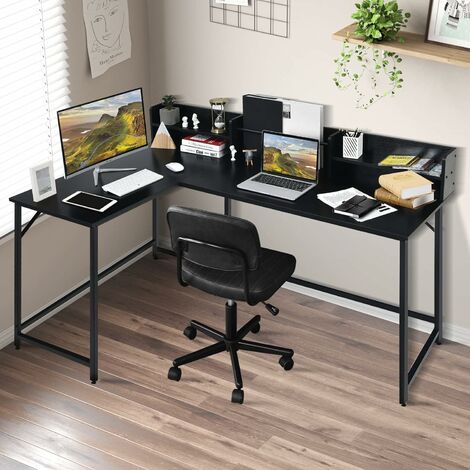 HOMCOM Escritorio esquinero en forma de L, escritorio de oficina en casa  giratorio de 360 grados con estantes de almacenamiento, estación de trabajo
