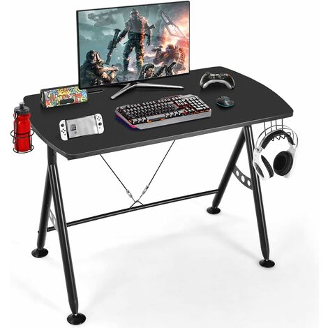 GIANTEX Gaming Table de jeux vidéo en forme de K 105 x 60 x 76 cm avec gestion des cbles, crochet pour casque, porte-gobelet, pour chambre, bureau, charge de 60 kg