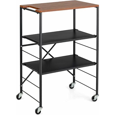 GIANTEX Klappbarer Trolley mit 3 Ebenen, Metallregal mit Holzarbeitsplatte, 4 Rollen mit Haken, Küchenregal für Büro, Speisekammer und Schlafzimmer