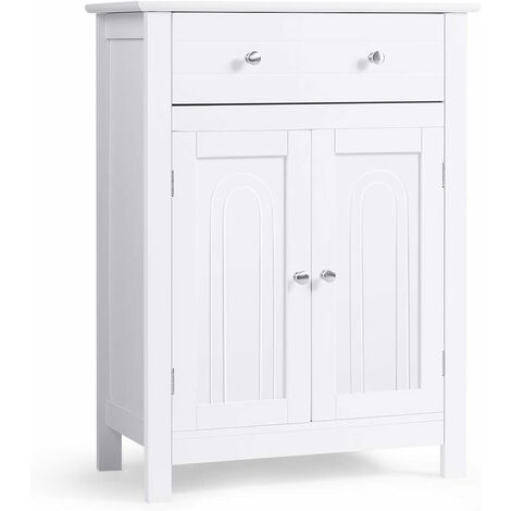 GIANTEX Meuble de salle de bain avec tiroir et étagère réglable en hauteur, commode de salle de bain en bois avec porte, buffet pour salle de bain, cuisine, blanc
