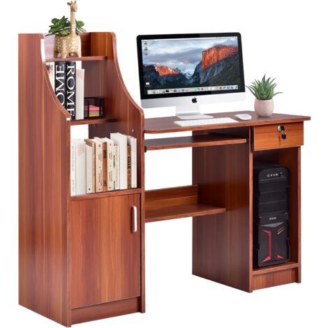 GIANTEX Schreibtisch mit Bücherregal, Computertisch PC Tisch Holz, Bürotisch Arbeitstisch mit Ablagefaechern & Schrank, Holzschreibtisch moderner Office Tisch mit Tastaturablage, für Arbeitszimmer Bür