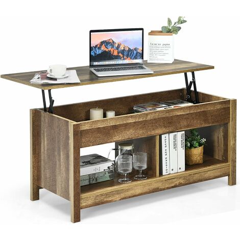 GIANTEX Table Basse Moderne à Plateau Relevable,Table d’Appoint avec Compartiment CachE et Etagère SEparE,pour Salon,Bureau,Style Industiel