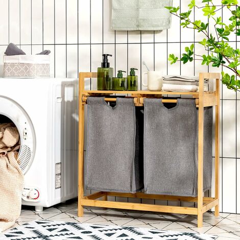 GIANTEX Wäscheschrank mit 2 ausziehbaren Wäschekörben, Badezimmerschrank Bambus mit Ablage, Wäschesammler 2 Fächer, Baderegal, Badezimmerregal Wäschesortierer 64x33x73cm