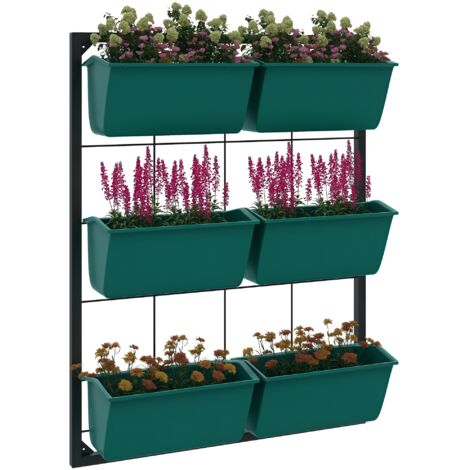 Giardino verticale a 3 livelli da parete con 6 vasi, in acciaio e plastica, 52x14x66 cm, verde
