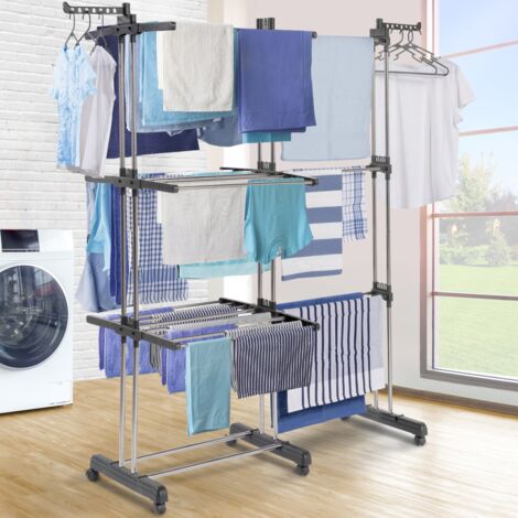 GIGA 27M secador de ropa vertical plegable y extensible de 3 etapas con perchas y pinzas en acero inoxidable y gris